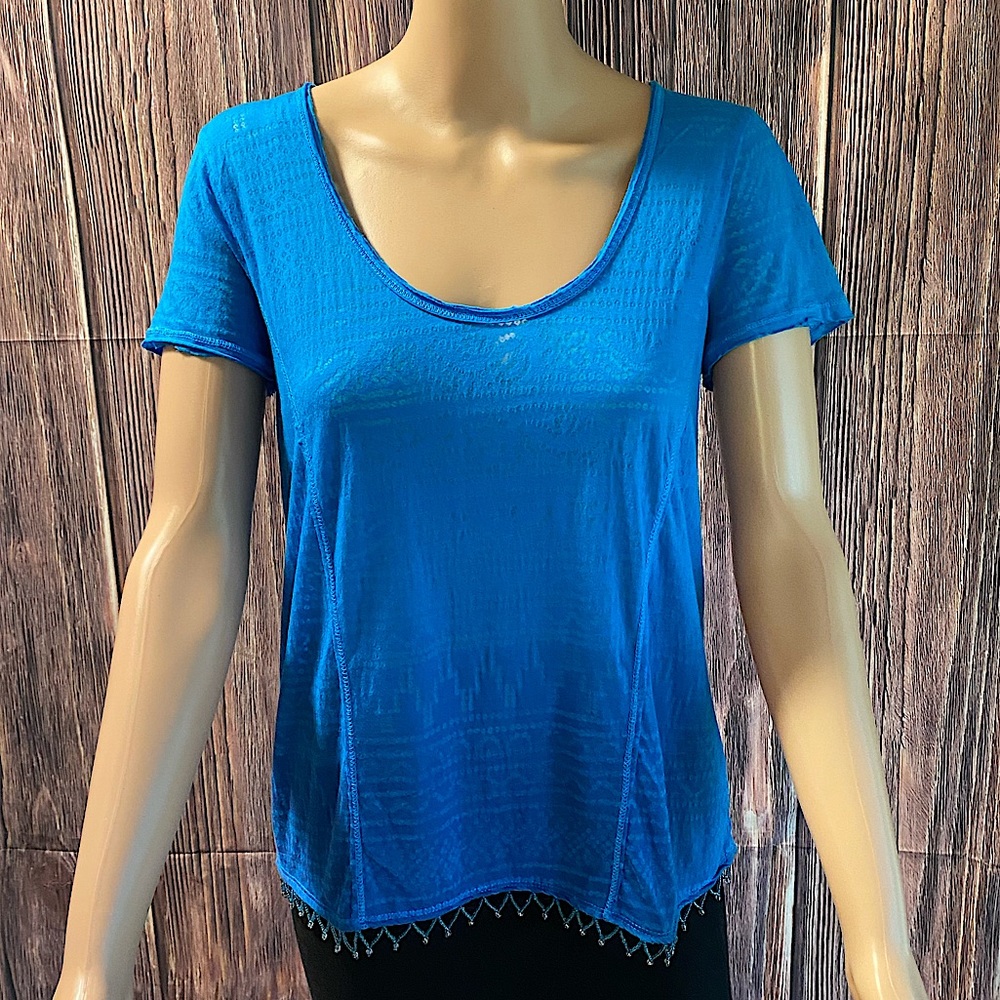 Free People size small electric blue boho tribal print sheer top beaded